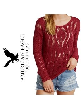American Eagle Open Weave Crochet Sweater Burgundy Red Cranberry Retro Boho Chic